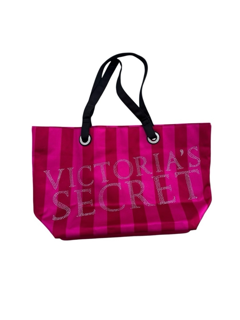 Victoria's Secret Pink Red Satin Striped Rhinestone Bling Tote Weekender Bag L